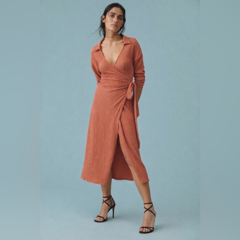 Anthropologie Long Sleeve Waffle Wrap Midi Dress in Rust Orange XS